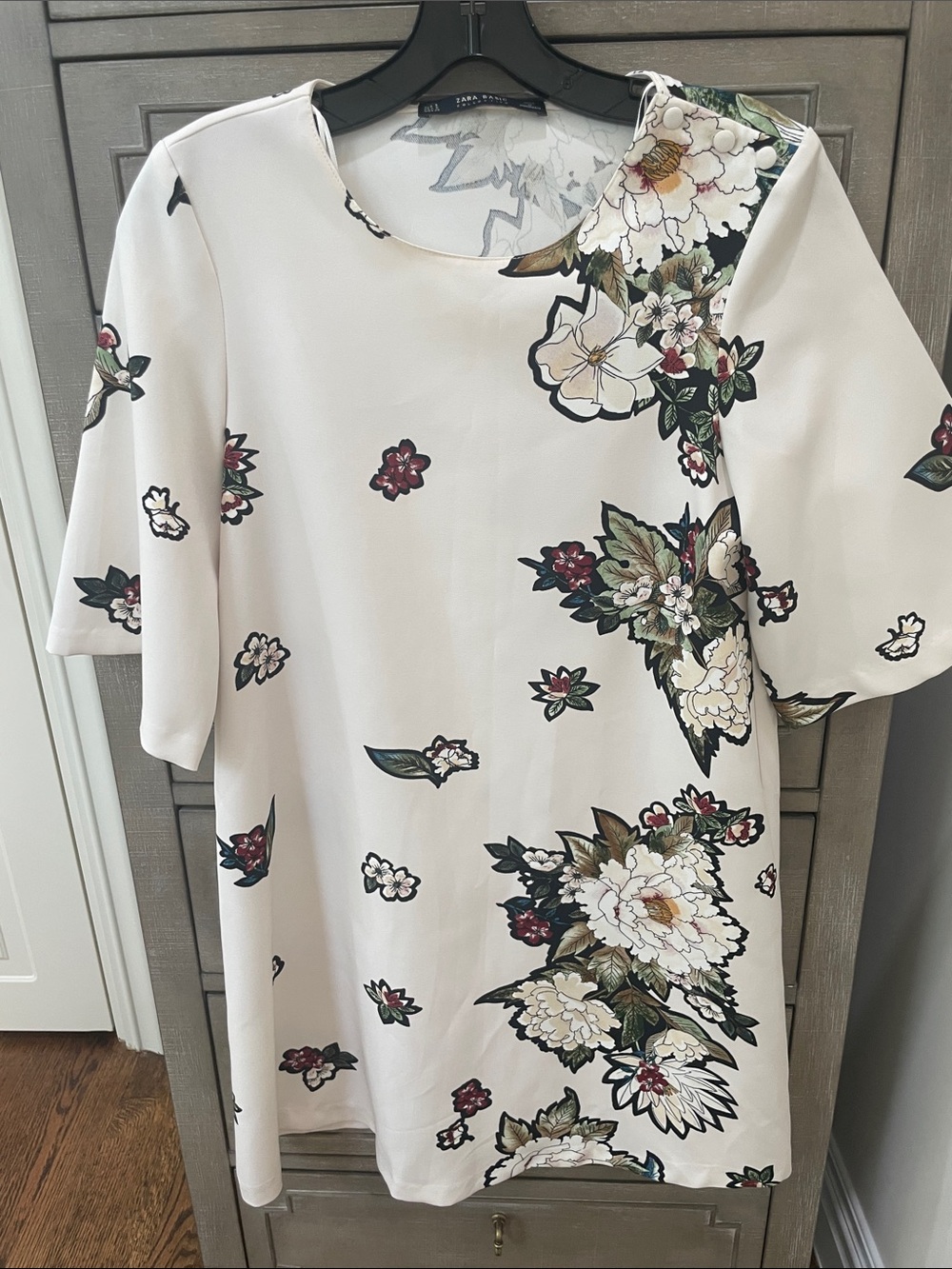 Zara Cream Floral Mini Dress with Green and Burgundy Accents